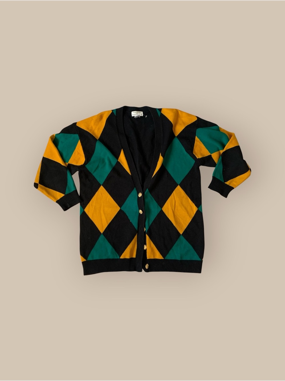 Rena Rowan Black, Green & Gold Argyle Cardigan Sweater